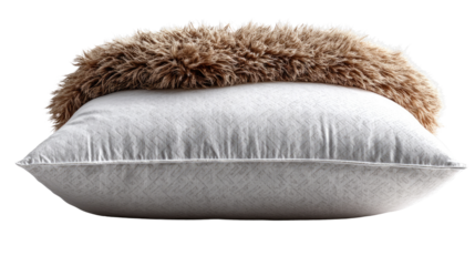 Pillow with Shaggy Blanket: A plush, white pillow topped with a warm, shaggy blanket invites relaxation, offering comfort and coziness.