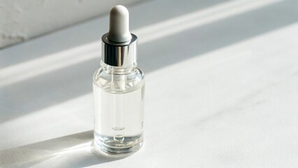 A clear glass dropper bottle with a silver cap sits in sunlight on a white surface