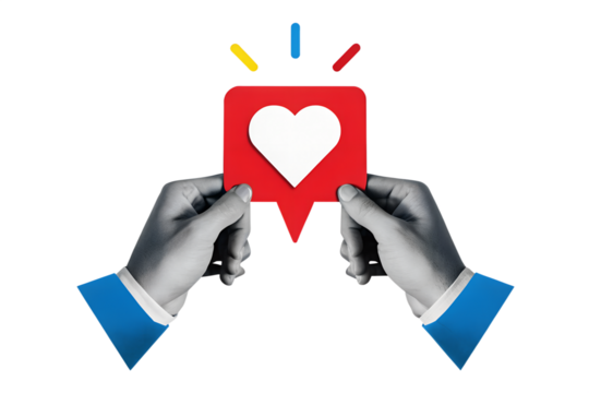 Black and white hands holding a like symbol with a heart. Modern collage style. Illustration on transparent background