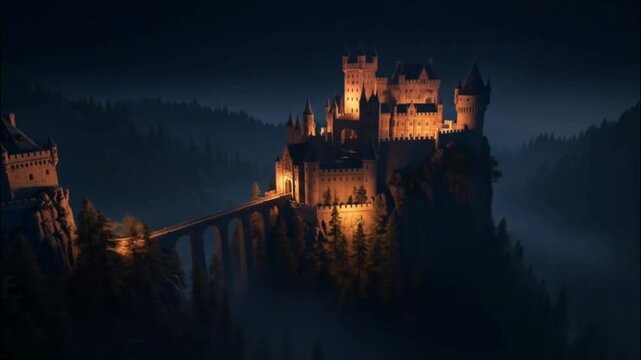 Mysterious medieval castle illuminated at night with foggy surroundings
