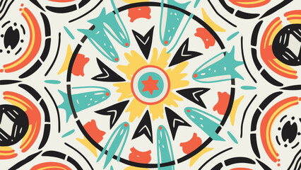 Kaleidoscopic arrangement featuring stylized fish shapes and geometric elements in a colorful design
