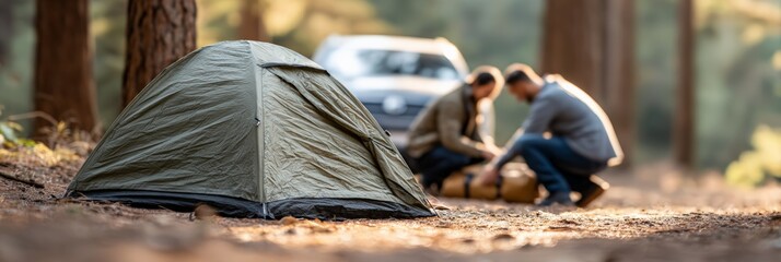 Two campers are setting up their tent near their car, preparing for a relaxing camping trip in a peaceful forest environment during summer travel