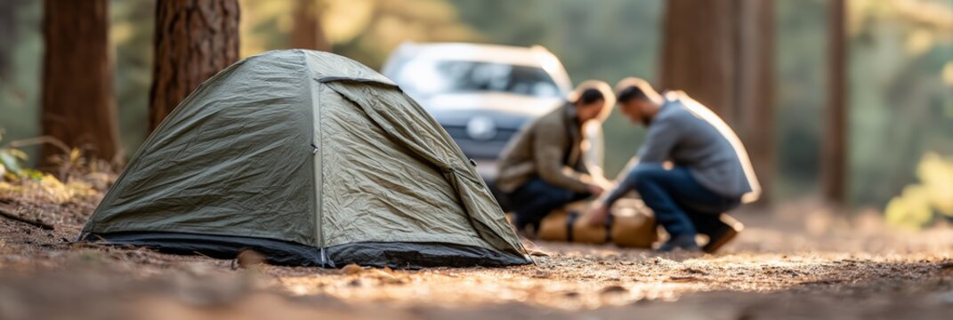 Two campers are setting up their tent near their car, preparing for a relaxing camping trip in a peaceful forest environment during summer travel - Powered by Adobe
