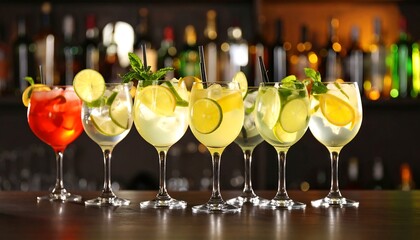 Colorful cocktails lined up on a bar