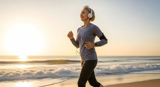 Woman running on the beach in the morning symbolizing fitness and health on a coastal landscape - Powered by Adobe