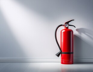 Obraz premium fire extinguisher on white wall in clean minimal room fire safety