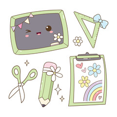 Pastel Green Kawaii Stationery and Classroom Tools Set