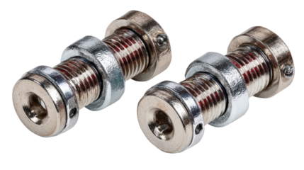 Precision Micro-Adjusters: Two high-precision micro-adjusters, featuring a threaded shaft, retaining rings, and a smooth metallic finish, are precisely positioned against a clean background.