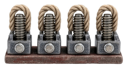 Industrial Component: A close-up shot of four metallic industrial components arranged in a row, showcasing their intricate design and sturdy build. The image highlights texture and construction.