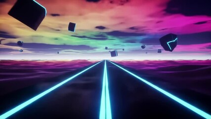 Glowing blue road extends to distance, dark floating cubes drift across vibrant neon sky - Powered by Adobe