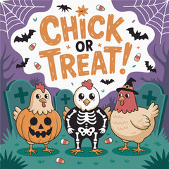 Obraz premium Three cartoon chickens in Halloween costumes including pumpkin skeleton and witch hat treat