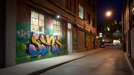 Urban alleyway at night with graffiti art