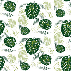 Green summer tropical seamless pattern with green leaves . Summer abstract