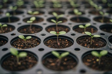 Young green seedlings growing in small black pots, concept of agriculture, gardening, and growth.