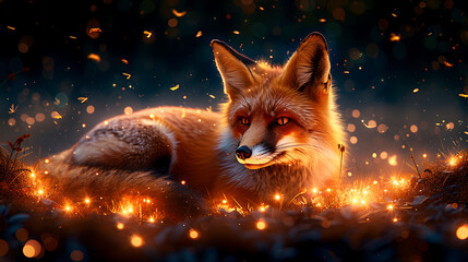 Vibrant fox in glowing nighttime forest setting