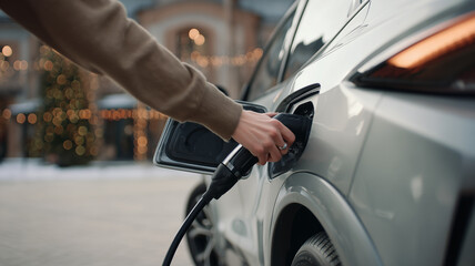 Electric Vehicle Charging at Station With Male Driver Plugging Cable
