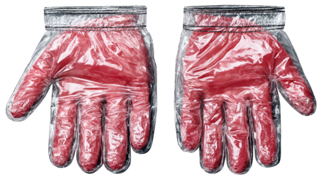 Protective Barrier: Two transparent gloves filled with a vibrant substance present a striking contrast, symbolizing safety and protection in a photorealistic composition.