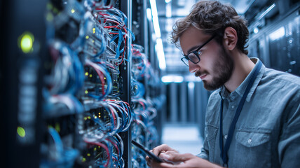 Technician Checking Network Servers in Data Center With Fiber Optics
