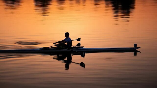 Silhouette of Single Sculler Rowing at Sunset - A lone rower in a single scull glides across a calm lake at sunset. The warm, golden light creates a beautiful silhouette against the tranquil water.