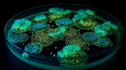 Fototapeta premium top-down view of a petri dish filled with colonies of glowing bio-luminescent bacteria forming artistic geometric patterns, vivid neon green and turquoise glow, scientific digital art 