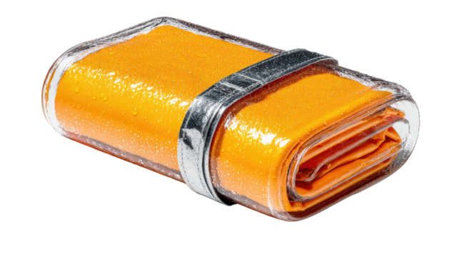 Emergency Blanket in Case: A compact, bright orange emergency thermal blanket, neatly rolled and sealed in a transparent plastic case, ready for immediate use in any survival or emergency situation.
