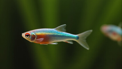 Neon tetra swimming in freshwater tank with green background  