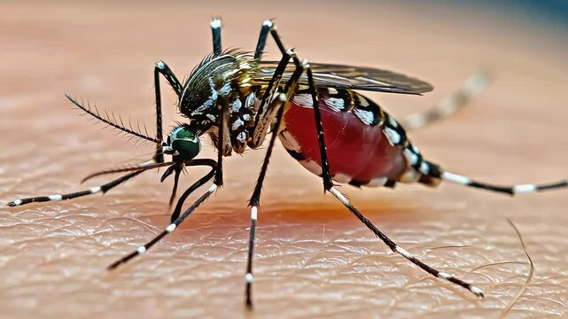 Close-up of a mosquito feeding on human skin, highlighting its detailed anatomy and surroundings