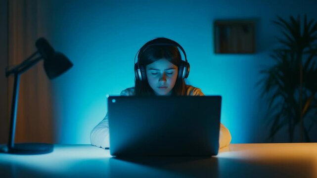 Focused pupil concentrating on online learning, using laptop and headphones in a dimly lit room illuminated by blue light, creating a focused and studious atmosphere