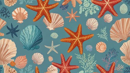 vector seamless pattern with sea shells