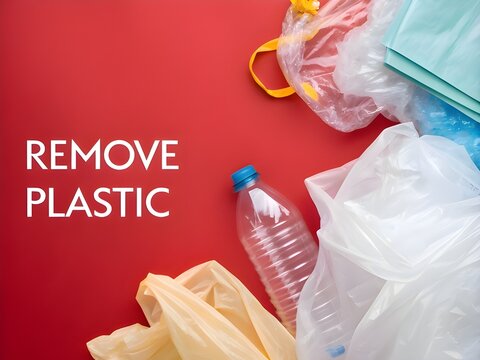 Plastic Waste Awareness Poster – Say No to Plastic Concept,Remove Plastic Message with Disposable Bags and Bottles on Red Background,Environmental Pollution Concept – Plastic Ban Awareness Visual,Say 