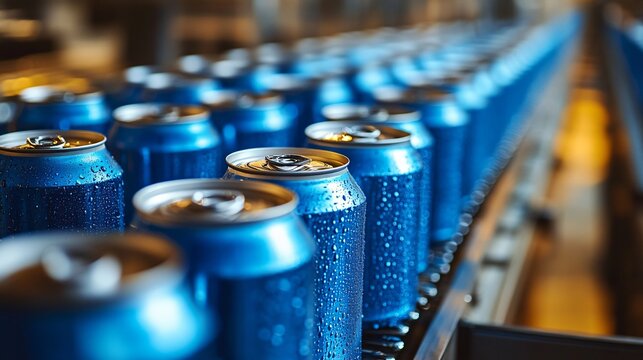 Blue aluminum cans aligned on conveyor belt in factory for beverage production and packaging industry concept.