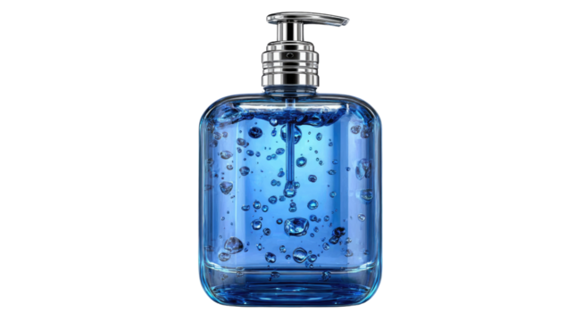 Aqueous Essence: A refined blue liquid dispenser showcases a seamless design of water droplet with a glossy, clean aesthetics.