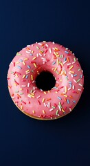 Elegant pink donuts topped with icing and sprinkles, styled on a clean background. Delicious pastry dessert with a playful yet refined aesthetic.
