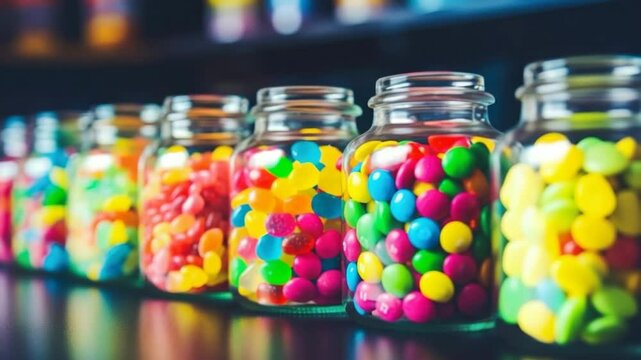 Candy store showcase featuring an assortment of colorful dragee and jelly candies.