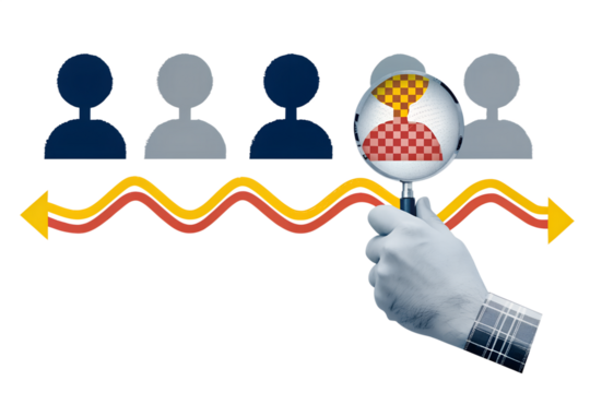 A person looks through a magnifying glass at one icon of a person from a row. Personnel search concept. Modern collage style. Illustration on transparent background