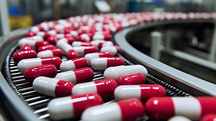 Red and white capsule pills moving along pharmaceutical production conveyor belt for medical and health industry.