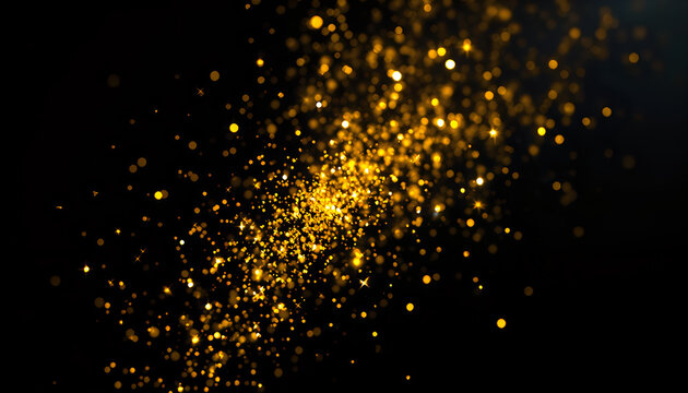 Golden confetti frozen in motion against dark background, celebrating energy and sparkle.