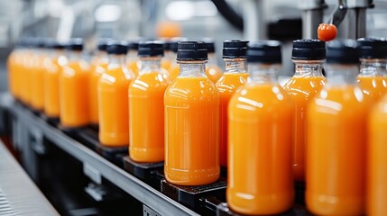 Glass bottles filled with orange juice on automated conveyor belt in beverage factory production line.