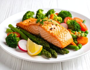 Salmon with vegetables on a plate
