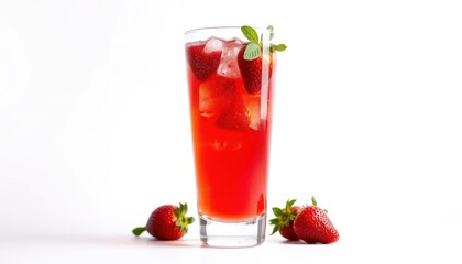 Refreshing Strawberry Cocktail with Ice and Mint Garnish Against White Background