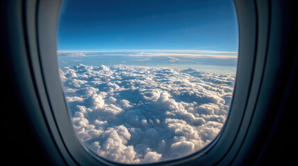 View from Airplane Window Showing Fluffy White Clouds – Aerial view of clouds and blue sky from a plane window