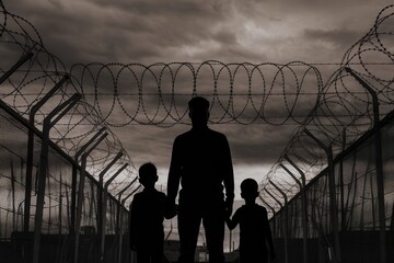 Silhouette of father and sons stands next to a fence with barbed wire