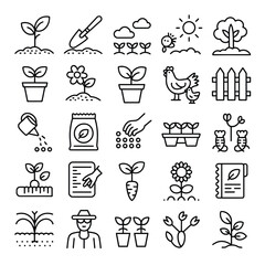Black and White Line Art Gardening Icons Collection Farming Symbols Sprouting Plants Seeds Flowers Tools Hen Chicks Fence Potted Plants Seedlings Growing Set of Agricultural