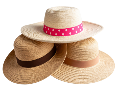 Three Stylish Straw Hats with Wide Brims and Bright Pink Polka Dot Bands  Isolated PNG