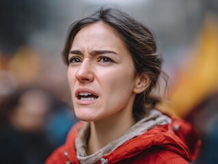 Fototapeta premium Determined Protestor Shouting Against Injustice in a Close-Up Capture During a Rally