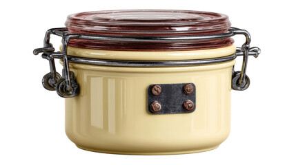 Cream-Colored Ceramic Jar with Lid: A charming cream-colored ceramic jar with a glass lid and rustic metal accents, perfect for storing small items or adding a touch of vintage appeal to your kitchen.