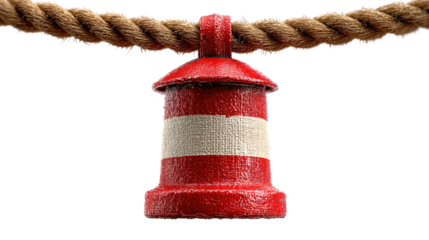 Artistic Bollard and Rope: This eye-level composition reveals a striking red and white bollard suspended from a textured rope, conveying strength and guidance.