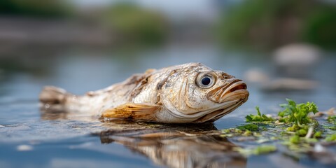 Obraz premium Dead Fish Floating on the Surface of a Polluted Pond with Murky Water and Algae Growth in a Natural Environment