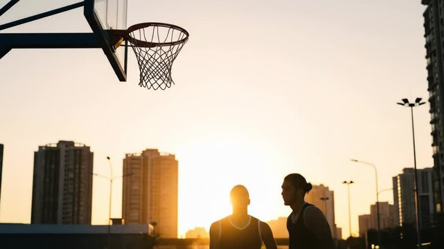 Silhouetted Basketball Players Shooting Hoops at Sunset - Two male basketball players are silhouetted against a vibrant sunset as one prepares to shoot a basket.
