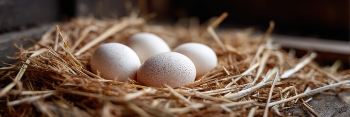 Freshly Laid Eggs Resting on Straw Inside a Cozy Chicken Coop for Natural Farm Environment